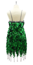 Short Handmade Sequin Dress in Hologram Green Tear Shaped Sequins with Jagged Beaded Hemline