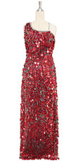 A long handmade sequin dress, in 20mm hologram red paillette sequins with silver faceted beads and a luxe grey fabric background in a one-shoulder cut front view
