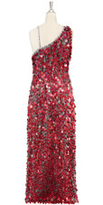 A long handmade sequin dress, in 20mm hologram red paillette sequins with silver faceted beads and a luxe grey fabric background in a one-shoulder cut back view