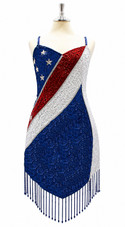 Handmade 8mm Metallic Blue Sequin Dress with Hanging Beads Hemline – American Flag Pattern