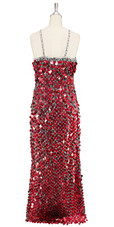 A long handmade sequin dress, in 20mm hologram red paillette sequins with silver faceted beads and a luxe grey fabric background in a classic cut back view