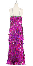 Long handmade sequin dress in rectangular hologram fuchsia paillette sequins with silver faceted beads and a luxe grey fabric background back view