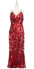 A long handmade sequin dress, in rectangular hologram red paillette sequins with silver faceted beads and a luxe grey fabric background in a classic cut front view