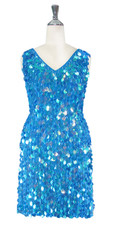Short Handmade 20mm Paillette Hanging Sequin Dress in Pastel Iridescent Blue with V- Neck front view