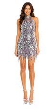 Short handmade sequin dress in pearl iridescent lilac paillette sequins with silver faceted beads, chinese collar and jagged, beaded hemline