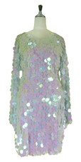 Short Handmade 30mm Paillette Hanging Iridescent Pinky White Sequin Dress with V Neck and Oversized Sleeves front view