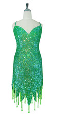 Short Handmade 8mm Cupped Sequin Dress in Iridescent Green with Jagged Beaded Hemline front view