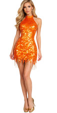 Short Handmade Paillette Transparent Orange Sequin Dress with Chinese Collar
