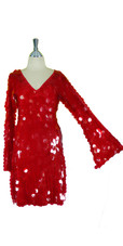 Short Handmade 30mm Paillette Hanging Transparent Red Sequin Dress with V Neck and Oversized Sleeves