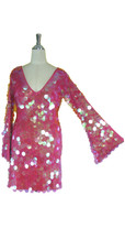 Short Handmade 30mm Paillette Hanging Iridescent Pink Sequin Dress with V Neck and Oversized Sleeves Close up view