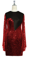 Short patterned dress with oversized sleeves in red sequin spangles fabric and black stretch ITY fabric Front View