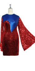 Short patterned dress with oversized sleeves in red sequin spangles fabric and blue stretch ITY fabric Close cut View