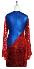 Short patterned dress with oversized sleeves in red sequin spangles fabric and blue stretch ITY fabric Back View