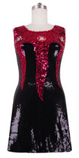 Short patterned dress with U-shaped neckline in black and fuchsia sequin spangles fabric front view