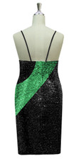 Short patterned dress in black and green sequin spangles fabric in a classic cut back view