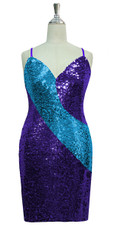 Short patterned dress in turquoise and purple sequin spangles fabric in a classic cut front view