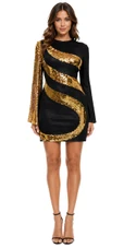 Short patterned dress in metallic gold sequin spangles fabric and stretch black fabric with oversized sleeves