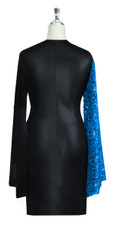 Short patterned dress in metallic turquoise sequin spangles fabric and stretch black fabric with oversized sleeves back view