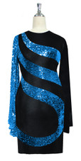 Short patterned dress in metallic turquoise sequin spangles fabric and stretch black fabric with oversized sleeves front view