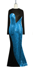 Long dress in metallic turquoise sequin spangles fabric and black stretch fabric with flared hemline front view