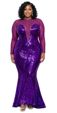 Long sleeved gown in metallic dark purple sequin fabric and purple stretch fabric with flared hemline