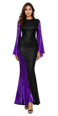 Long Oversized sleeve gown in metallic purple sequin fabric and black stretch fabric with flared hemline