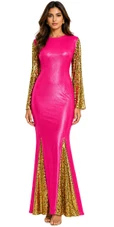 Long Oversized sleeve gown in metallic gold sequin fabric and pink stretch fabric with flared hemline