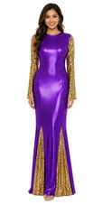 Long Oversized sleeve gown in metallic gold sequin fabric and purple stretch fabric with flared hemline