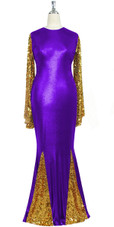 Oversized sleeve gown in metallic gold sequin spangles fabric and purple stretch fabric with flared hemline front view