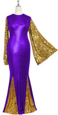 Oversized sleeve gown in metallic gold sequin spangles fabric and purple stretch fabric with flared hemline front view