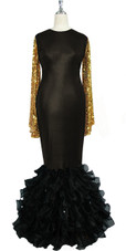 Oversized sleeve gown in metallic gold sequin spangles fabric and black stretch fabric with black organza ruffles hemline front view