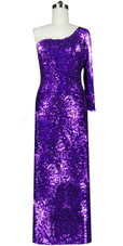 Long dress in metallic purple sequin spangles fabric and one-shoulder cut with sleeves front view