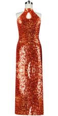 Long dress in metallic copper sequin spangles fabric and keyhole Chinese neckline front view