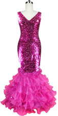 Long dress in metallic fuchsia sequin spangles fabric with fuchsia organza ruffles and cowl back front view