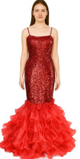 Long dress in metallic red sequin spangles fabric with red organza ruffles