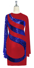 Short patterned dress in metallic blue sequin spangles fabric and stretch red fabric with oversized sleeves front view