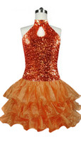 Short  Sequin Fabric Dress In Copper With Ruffle Hemline With A Keyhole Chinese Collar Front View