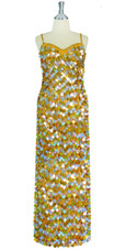 Long Handmade Paillette Sequin Gown in Mixed Hologram Silver and Gold front view