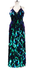 Long Handmade Rectangular Paillette Sequin Gown in Iridescent Green Front View