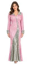 Long Handmade Sequin Gown with Collar and Sleeves in Pink and Silver