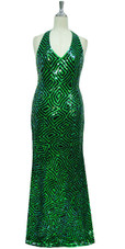 Long Handmade Patterned Sequin Halter Neck Gown in Black and Green Front View