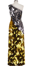 Long Handmade One-shouldered Rectangular Sequin Paillette Dress in Silver and Gold Back View