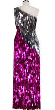 Long Handmade One-shouldered Rectangular Paillette Sequin Dress in Fuchsia and Silver Back View