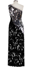 Long Handmade One-shouldered Rectangular Paillette Sequin Dress in Black and Silver Back View