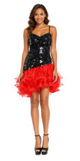 Short Handmade Paillette Black Sequin Dress with Red Organza