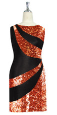 Short patterned dress in metallic copper and black sequin spangles fabric front view