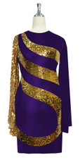 Short patterned dress in metallic gold sequin spangles fabric and stretch purple fabric with oversized sleeves Front