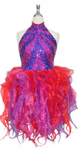 Short Handmade Patterned 8mm cupped Sequin Organza Ruffle Dress in Fuchsia and Purple Front View
