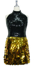 Short Handmade 10mm Flat Black Sequin Dress with Gold Paillette Sequin Skirt Front view