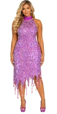 Short Swirl Patterned Handmade Fuchsia and Silver Sequin Dress